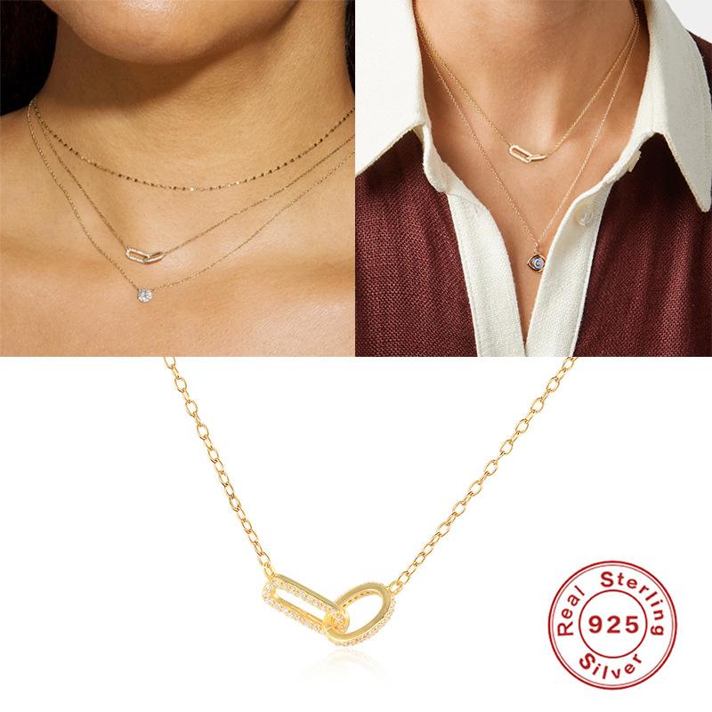 Charm en Argent Sterling S925 Géométrique Classique Diamant Entrelacé Collier Chaîne Clavicule