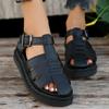 Platform Roman Sandalias Women Round Toe Hollow Out Casual Summer Shoes Flat Bottom Baotou Weave Sandales Female Black Footwear