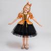Girls' Halloween Witch Party Dress with Orange Patchwork Mesh Puff Skirt and Short Sleeves