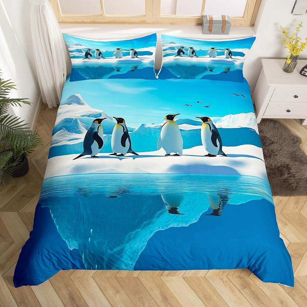 Penguin Duvet Cover Twin Queen Size Antarctic Animal Bedding Set For Kids Boys Girl Cartoon Black White Wildlife Comforter Cover