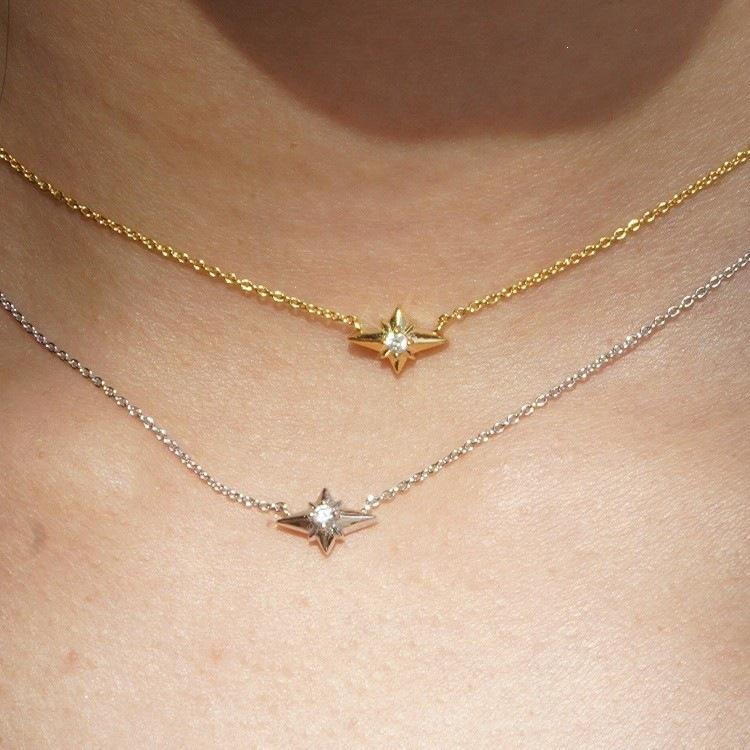 Starry S925 Silver 18K Gold-Plated Zircon Four-Pointed Star Pendant Necklace - Elegant and Delicate Design 18K Gold