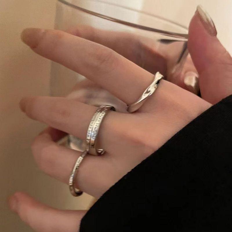 Three-piece silver plain ring ring, women s versatile cold temperament, simple index finger ring, open tail ring, tide