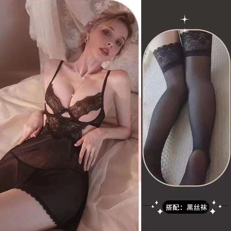 Sex Underwear Women's Low-cut Breast Burst Steel Tray Gathers Lace Suspender Skirt Set Sexy Temptation Transparent Pure Desire Nightdress
