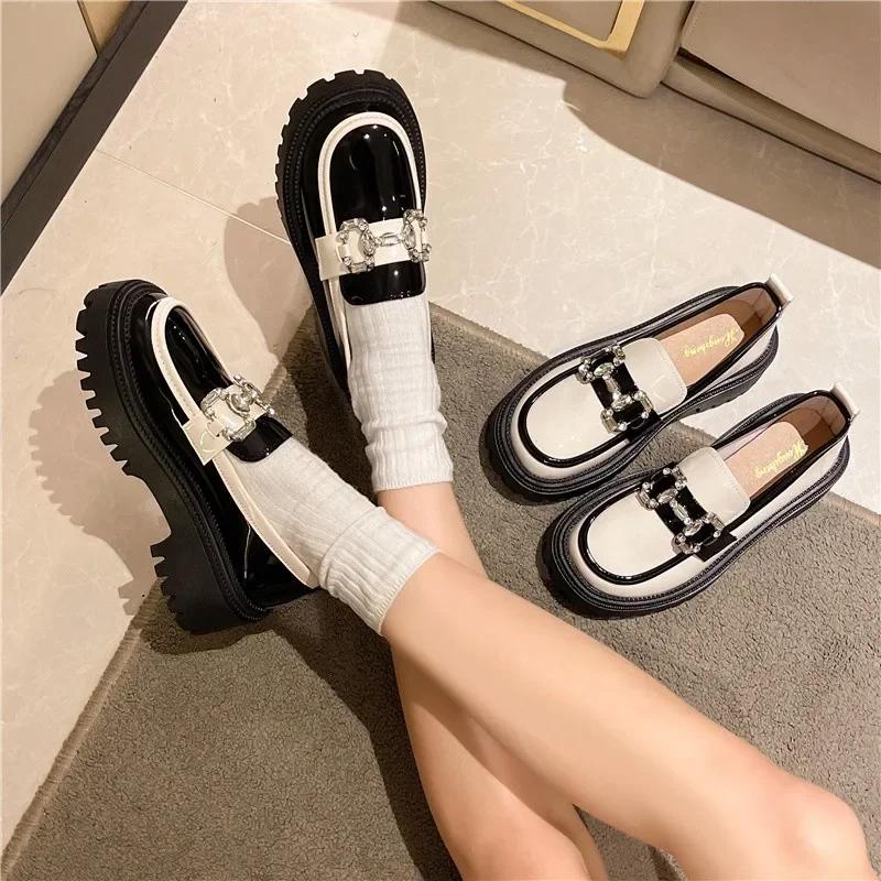 Women's British Style Loafers 35-40 Round Head Square Heel Color Blocking Thick Bottom Leather Shoes Comfortable Commuting Shoes