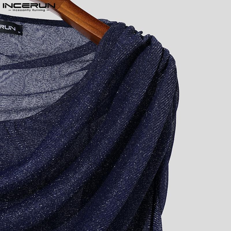 INCERUN Herren Swing Kragen Langarm Rüschen Schichten Glitter Mesh Party Clubwear Tops T-shirts