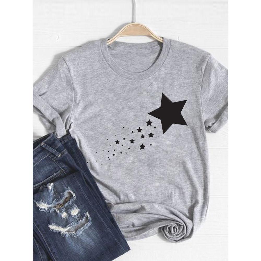 Print T Shirt Short Sleeve Flower Vintage Cute 90s Summer Top Fashion Clothes Women Clothing Gray Basic Tee Graphic T-shirt