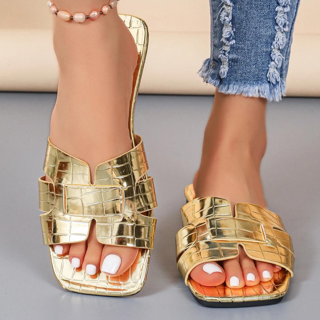 Golden Open Heeled Flat Women's Shoes Leather Sandals Bathroom Slippers Beach Footwear Comfortable Slip-On Sandals for Women
