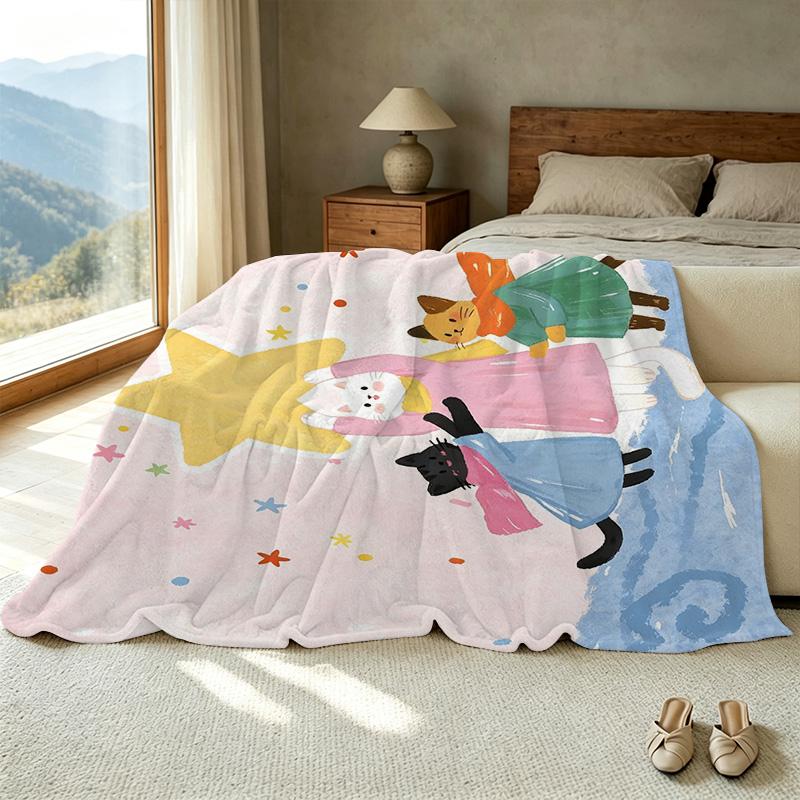 Cute Cat Plush Flannel Throw Blanket Soft, Machine Washable for Home, Couch, Office Naps, Christmas & Halloween