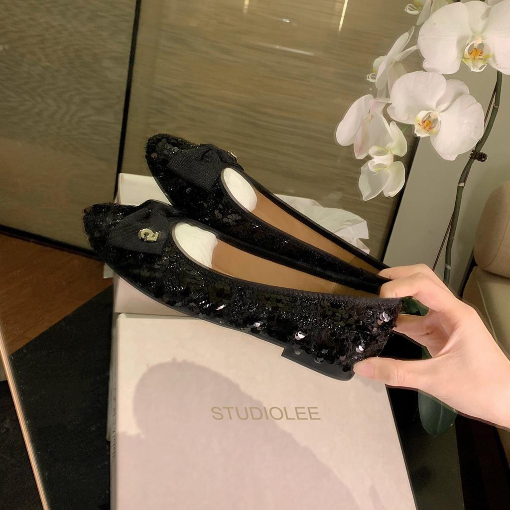 Sheepskin version~ Grape mother same shoes sparkling beads exquisite round head rhinestone bow temperament flat single shoes women