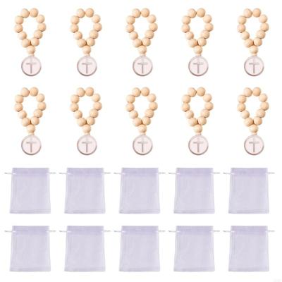 Wooden Rosary Bulk Catholic Prayer Rosary Beads with Crosses Pendants Mesh Bag Baptism First Communion Baby Shower A0KF