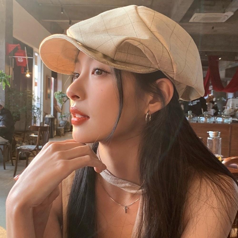 Vintage Octagonal Cap Newsboy Peaked Hat Korean Plaid Beret  Women