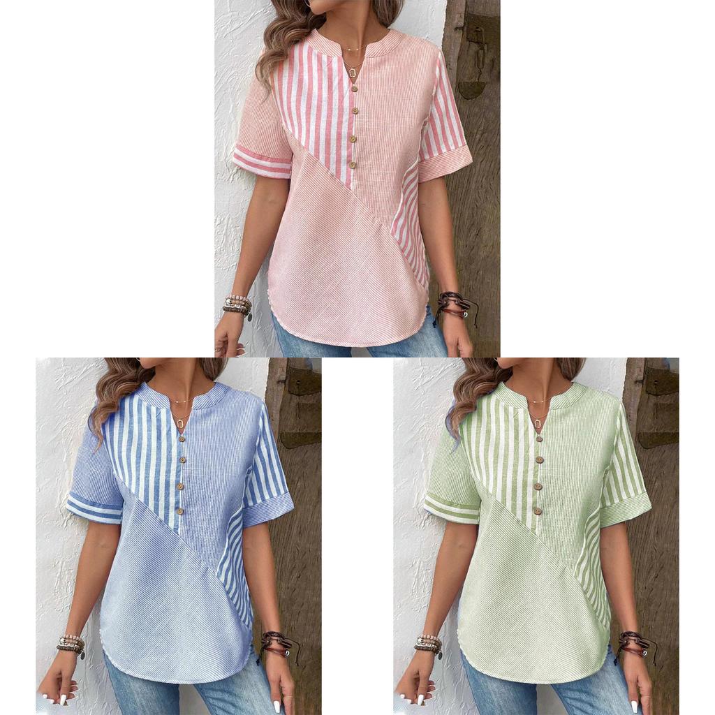 Women Cotton Linen Asymmetrical Striped Shirt With Vneck For Casual Office Wear