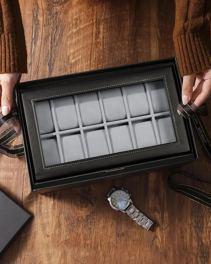 12 Slot PU Leather Lockable Watch Storage Boxes, Men & Women's Jewelry Display Drawer Case, 2-tier Organizer Watch Showcase