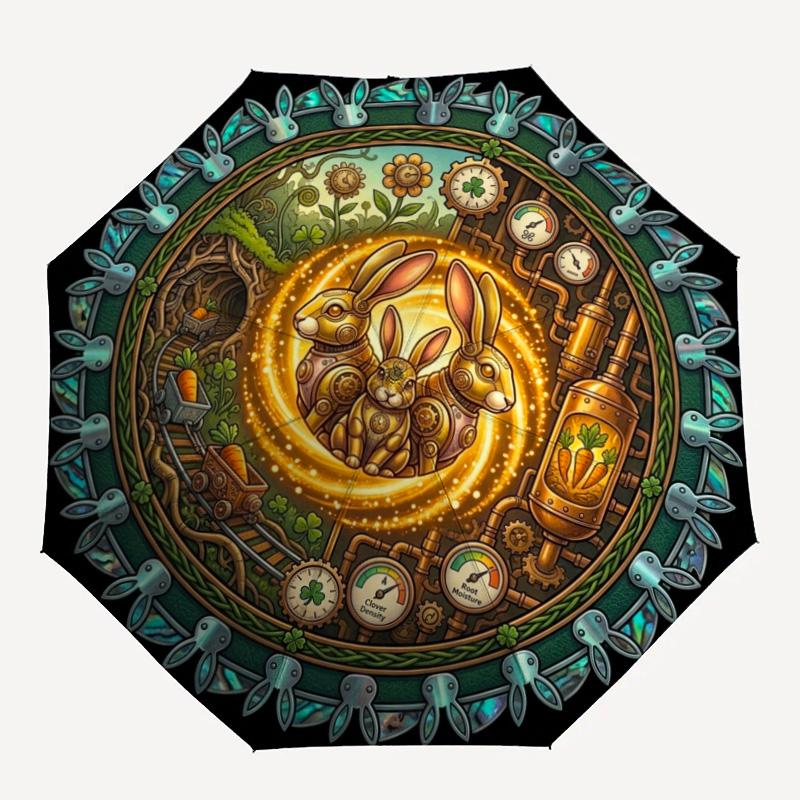 Steampunk Rabbit Garden pattern umbrella, portable and foldable design, 8 ribs, a casual accessory for Halloween, Christmas, and birthday gifts.