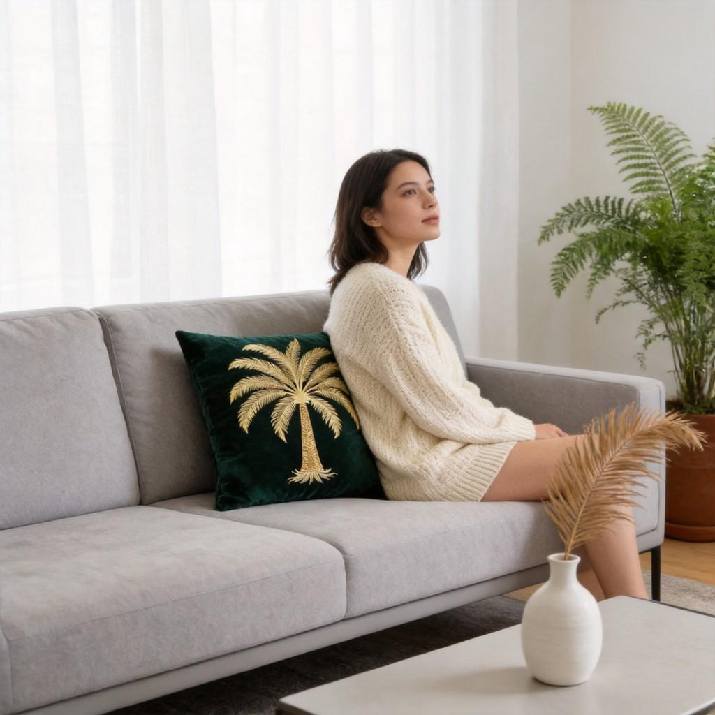 Modern Minimalist Plush Pillow Cover With Gold Coconut Tree Embroidery For Living Room Decor