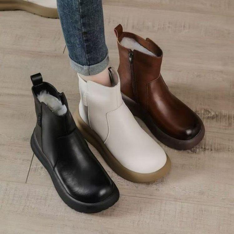 Soft-soled short soft leather Martin boots women's 2025 autumn and winter new velvet comfortable round head center heel Chelsea short boots