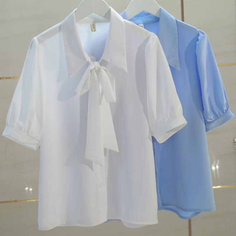 Women's White Chiffon Bow Tie Shirt - Summer Short-Sleeved Professional Top