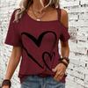 Heart Print Off the Shoulder Short Sleeve Asymmetrical T-shirt Casual Sexy Top with Slight Stretch Micro Elasticity Random Printing Machine Washable