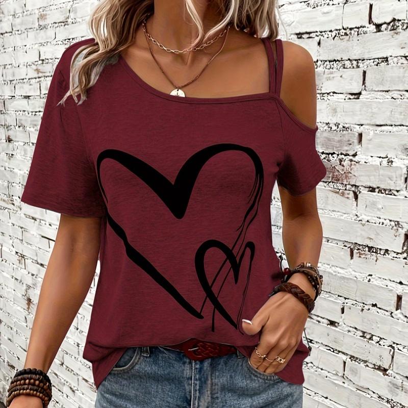 Heart Print Off the Shoulder Short Sleeve Asymmetrical T-shirt Casual Sexy Top with Slight Stretch Micro Elasticity Random Printing Machine Washable