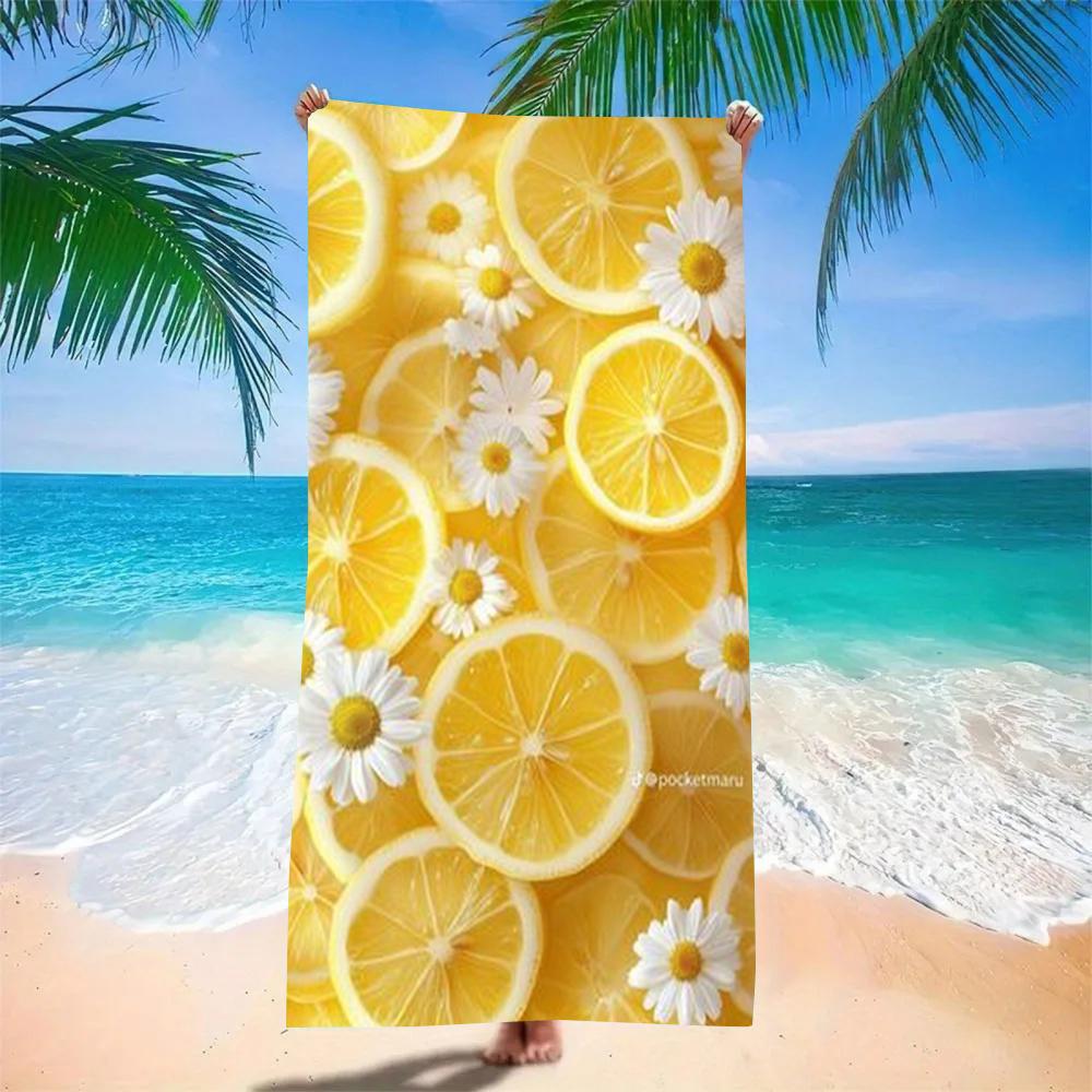 Lemon Beach Towel - Super Absorbent Quick Dry Microfiber With Fresh Citrus Print, Soft Sand-Free Blanket For Picnic & Summer