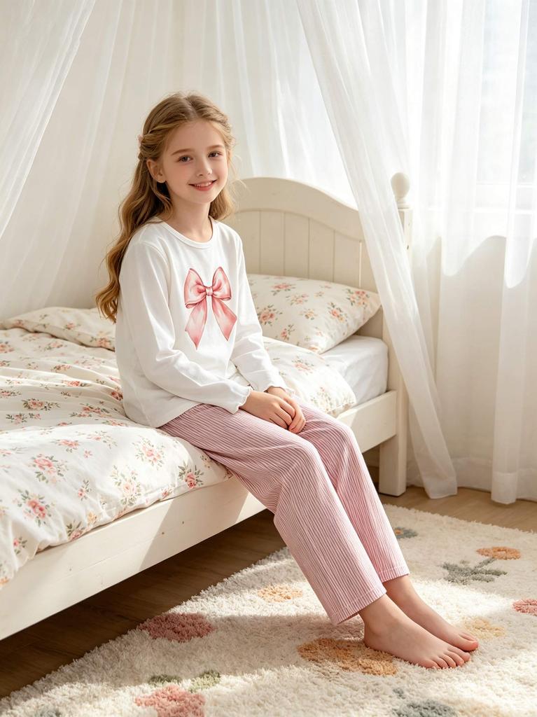 Mädchen Schlafanzug Set, Weicher Bogen-Print Langarm Nachtwäsche, Rosa Gestreifte Loungewear für 8-12 Jahre