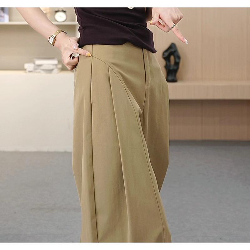Women's High-Waisted Khaki Wide-Leg Pants with Side Pleats - Slimming, Trendy Fashion for Spring & Autumn 2025