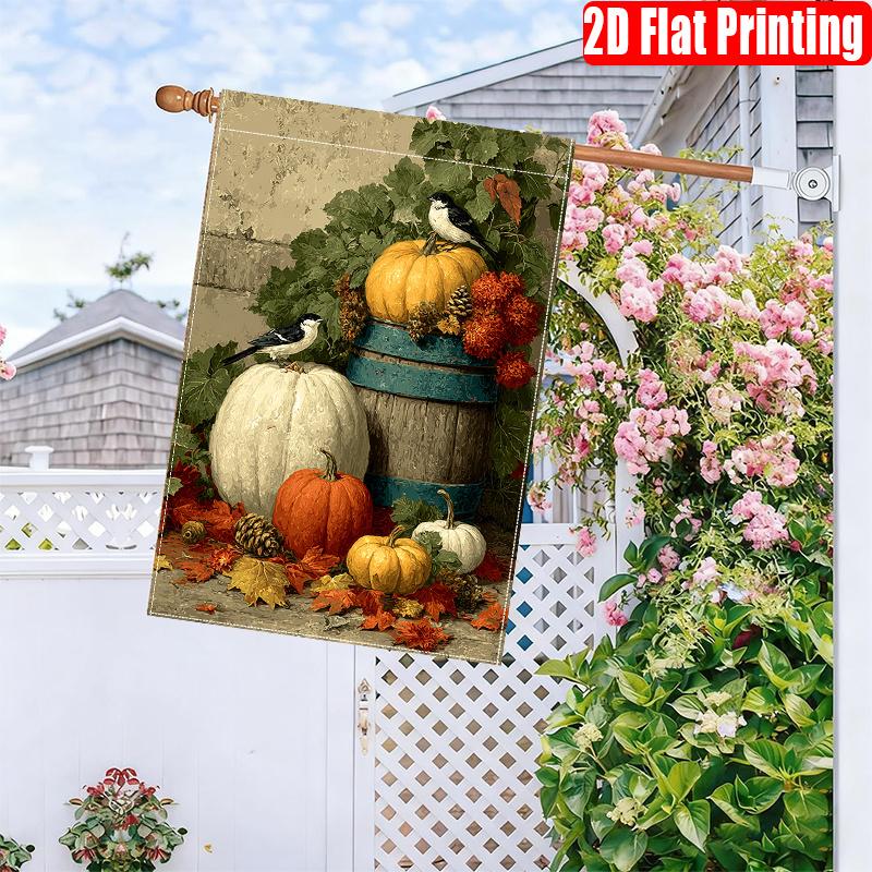 2D Flat, 2D Flat,1pc Autumn Thanksgiving Bucket Bird Pumpkin Maple Leaf Print_1 (2) 2D Printed Double-sided Garden Flag, Only the Flag Surface Flagpol