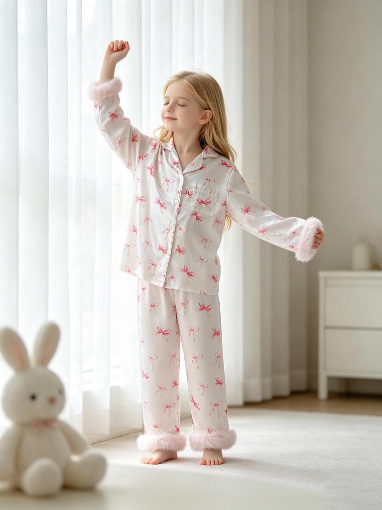Girls' Pink And White Satin Pajama Set, Cute Pink Bow Print Open Front Collar Long Sleeve Top & Pants Winter Nighties With Fuzzy Cuff, 8Y-12Y Fall