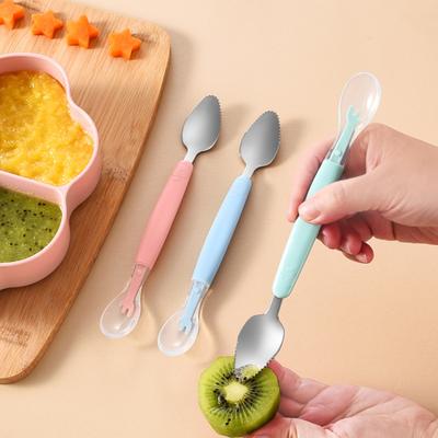 Stainless Steel Baby Cutlery Silicone Double Head Scraping Fruit Puree Spoon Complementary Food Spoon