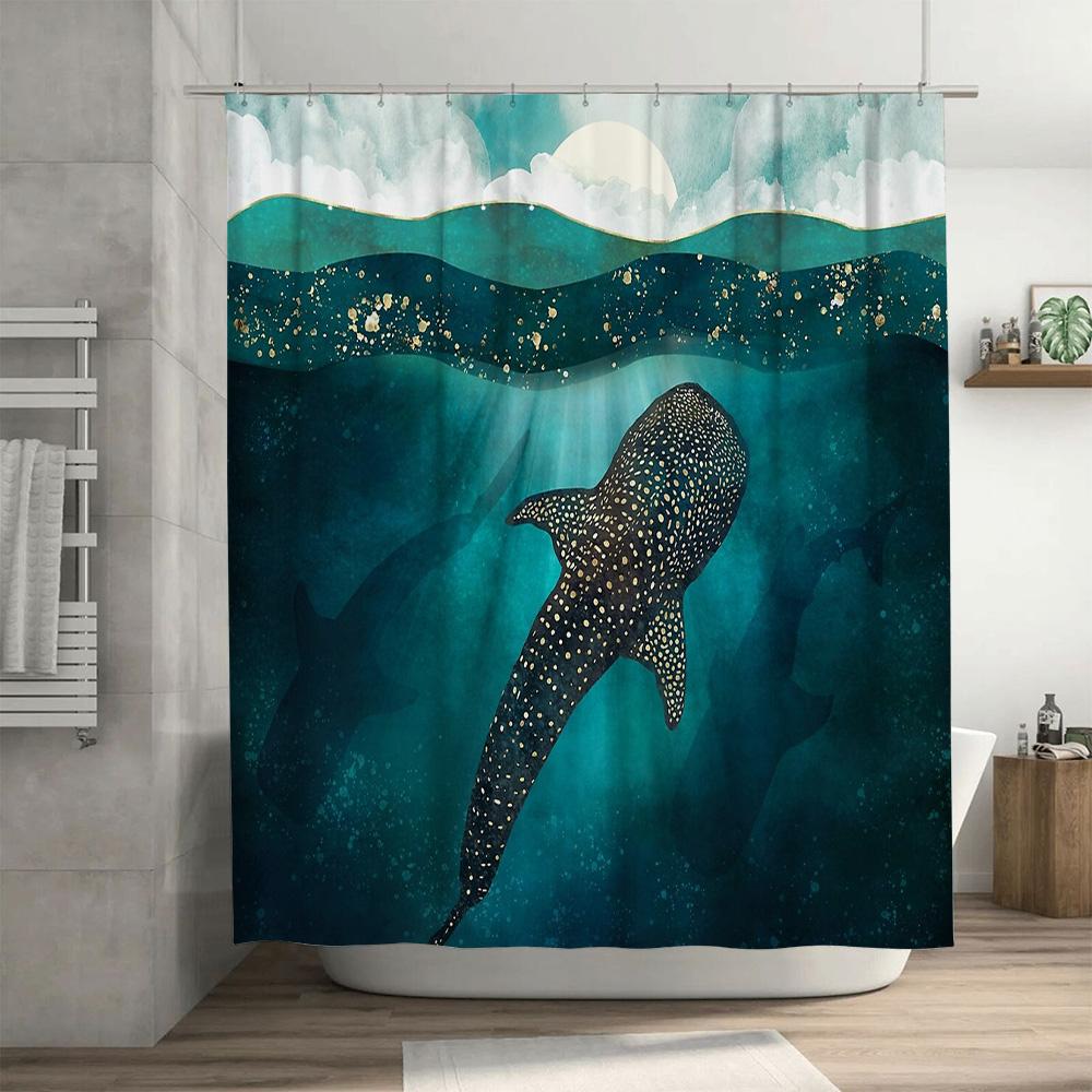 Tenda da Doccia Balena Decorazioni Vita Marina Oceano Modello Balena Blu Arredo Bagno Tenda da Doccia in Tessuto Impermeabile Set