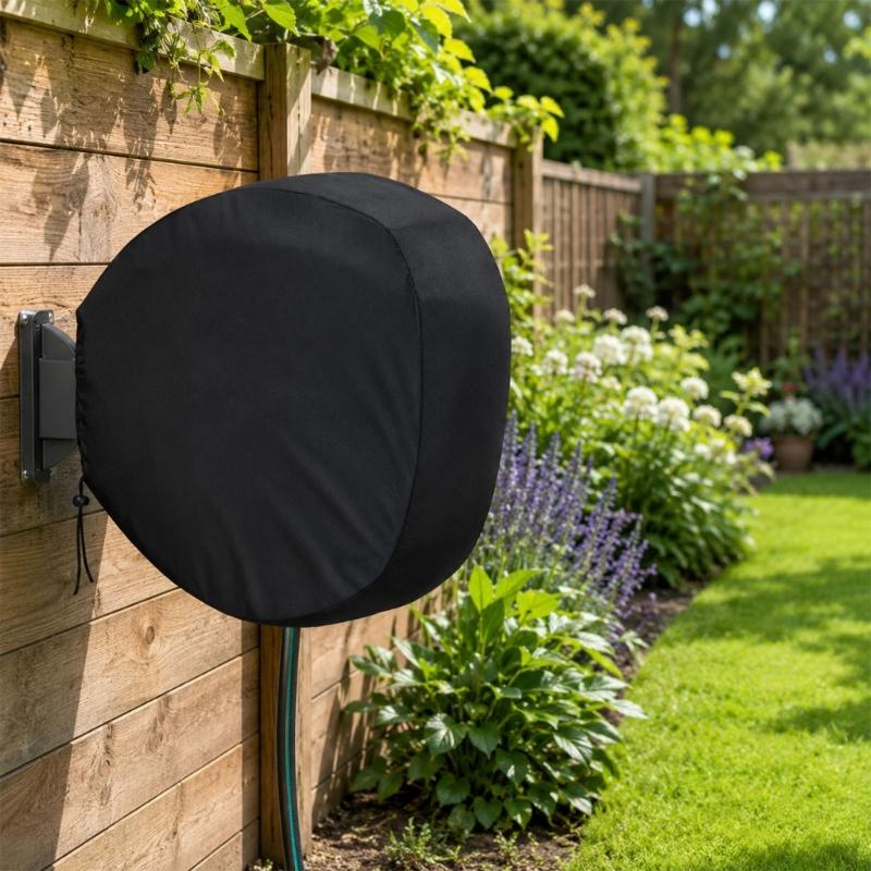 Patio Wall Hose Cover for Garden Storage, 210D Textile Shell Black Cover with Cord Edge and Inner Coating for Wall Mounted Hose Housing Use