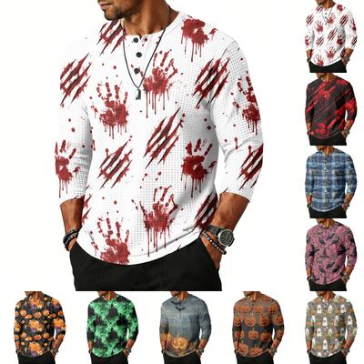 Men Casual Halloween Print Crew Neck Raglan Three Quarter Sleeve Shirt Lightweight Breathable Top for Everyday Wear