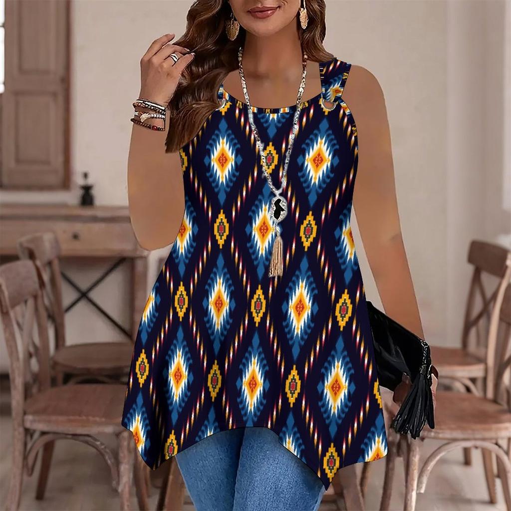 Modische Lässige Sport-Doppelring-Weste für Damen, Große Tank-Weste mit Vintage-Musterdruck, Unregelmäßiger Saum, Elegant und Schlicht