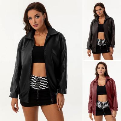 Manteau d'hiver en similicuir pour femme, veste à manches longues avec fermeture éclair et revers, couleur unie et poches, style boyfriend, moto, streetwear