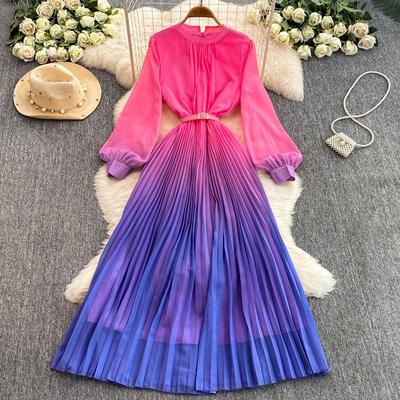 Gradient Color Design Pullover Lantern Sleeves Long Dress Pleated Belt Loose Style Summer Women Dresses 2025 Spring 27X2442