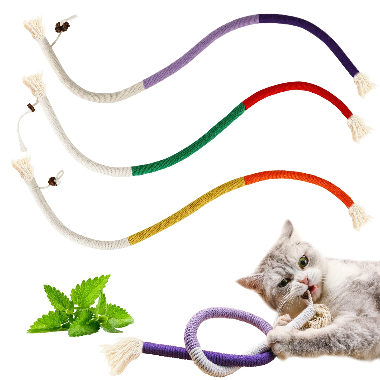 

3Pcs Cat Rope Toys with Natural Refillable Catnip - Interactive Chew Tug Toy for Teething & Teeth Cleaning, Safe Catnip Toys зелений