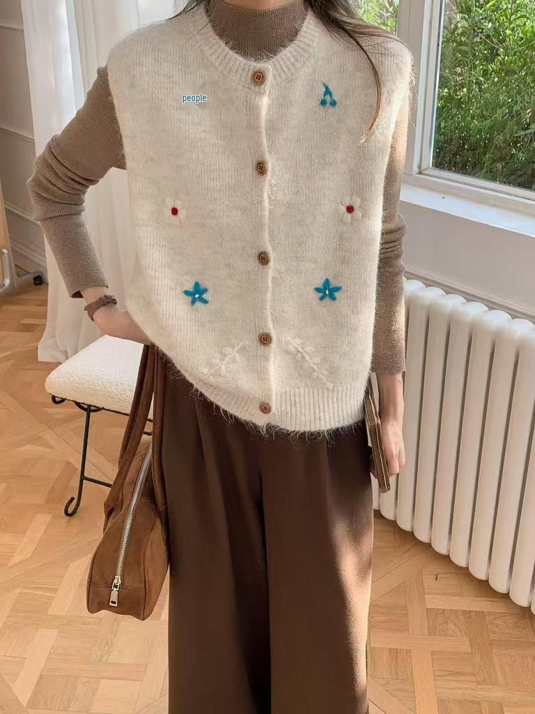 3D Embroidered Floral Knit Vest for Women - New Sweet Cardigan Design for Autumn/Winter 2025