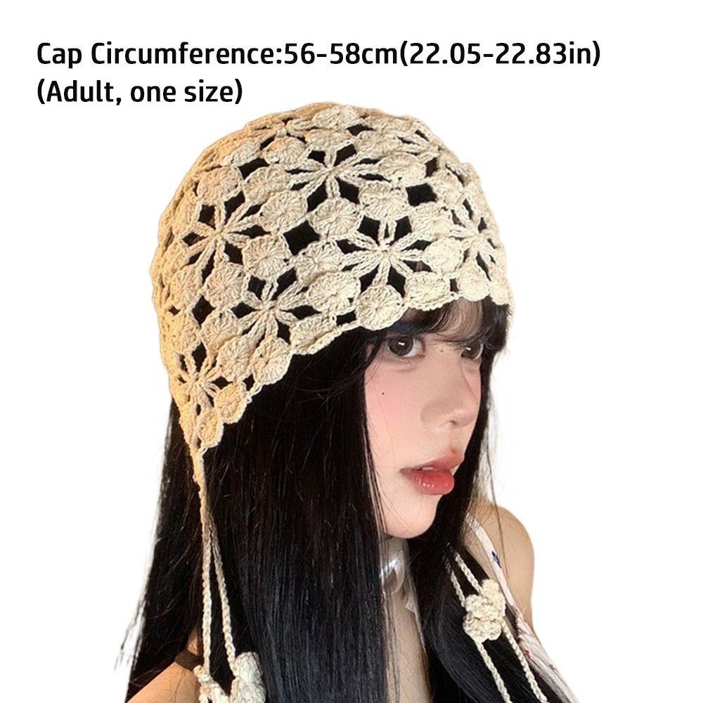 Breathable Hand-knitted Hollow Flowers Hat Elegant Soft Women Hat Fringed Crochet Cute Beret Cap for Women Photography