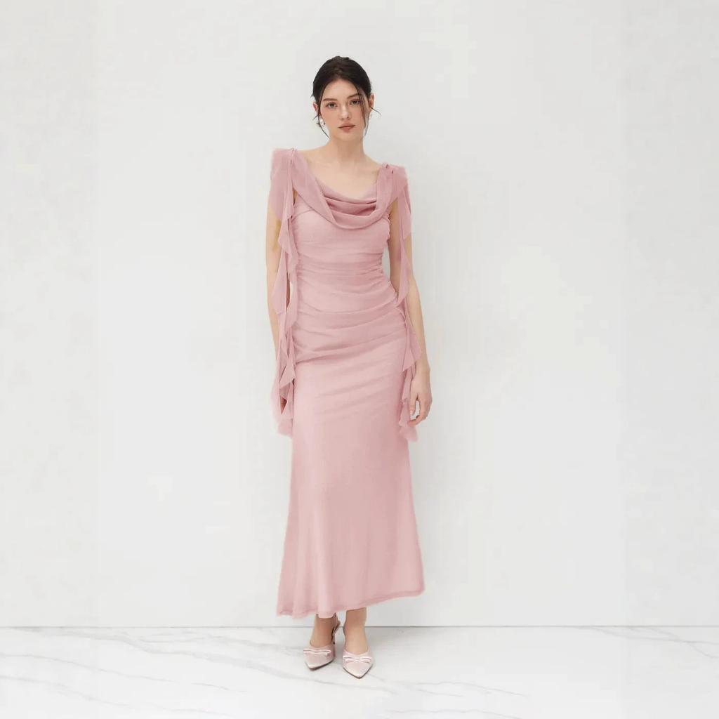 Women's Clothing Summer High-end Mesh Exquisite Dress, Swinging Collar Backless Streamer Design, Slim and Thin Temperament Long Dress