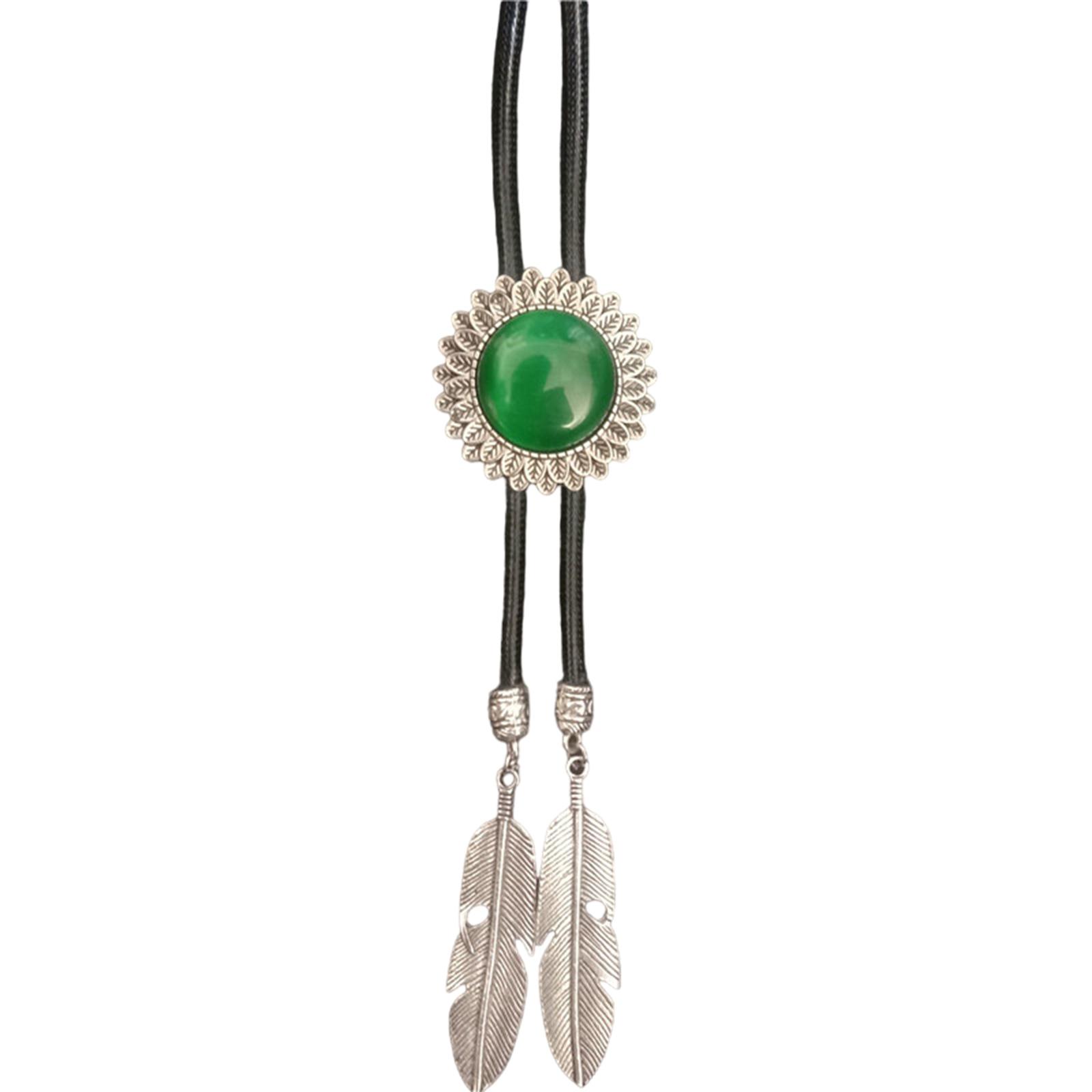 Braided Shoestring Bolo Tie with Engraving Flower Stone Charm Cowboy Necktie Necklace Cowboy Style Bolo Tie