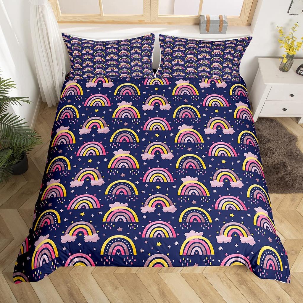 Rainbow King Queen Duvet Cover Colorful Rainbows Bedding Set Watercolor Floral Butterfly Comforter Cover Polyester Quilt Cover
