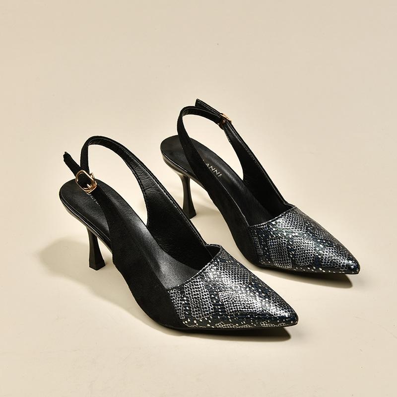 

2025 summer new black splicing fashion pointed head thin heel sexy one-word buckle femininity bag head fashion sandals 40 чёрный