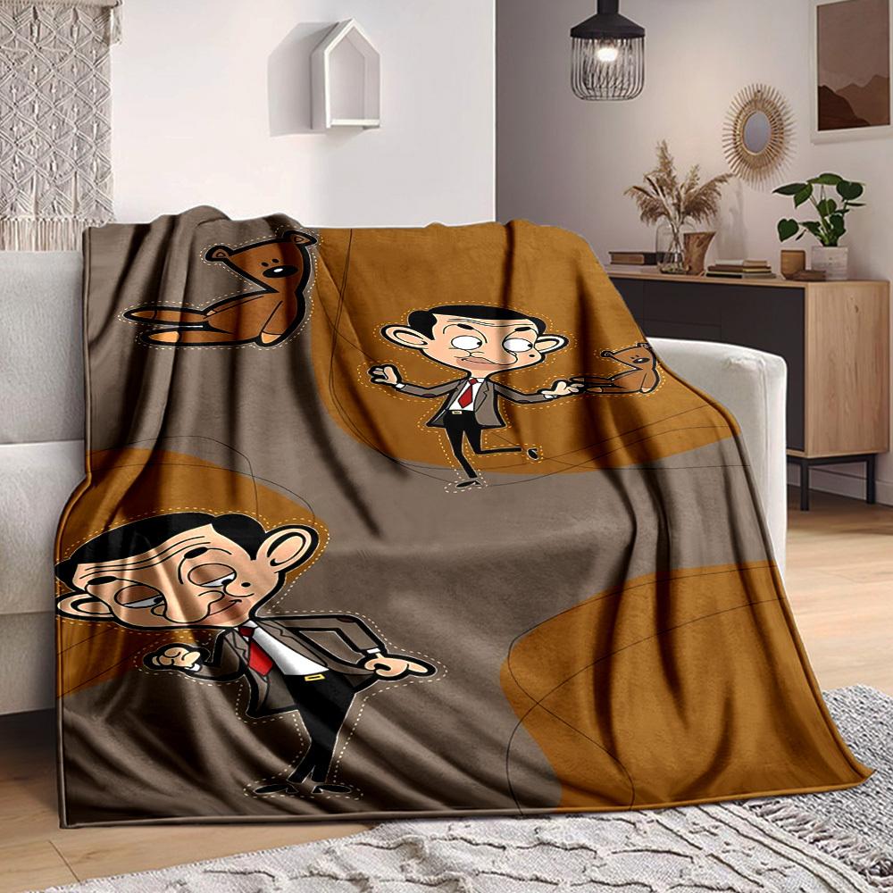1 st Mr. Bean Teddy Flanellen Plaid HD Geprint Lichtgewicht Zacht Warm Deken voor Alle Seizoenen voor Bank, Bed, Reizen, Kamperen Machinewasbaar