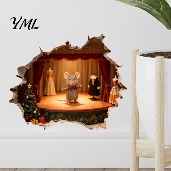 Winter Theme Wall Sticker 3D Christmas Mouse Hole Sticker, Waterproof PVC Decal, Creative Festive Decorative Scene Easy Apply for Holiday Living Room