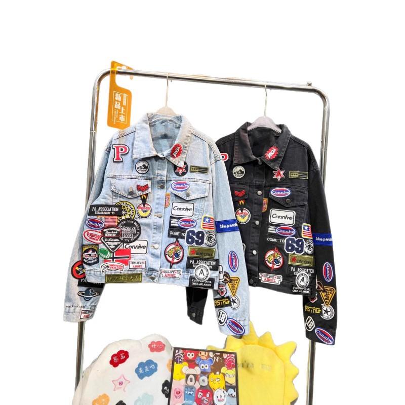 Womens Oversized Denim Jacket With Embroidered Patch Detail Streetwear Fall Loose Fit