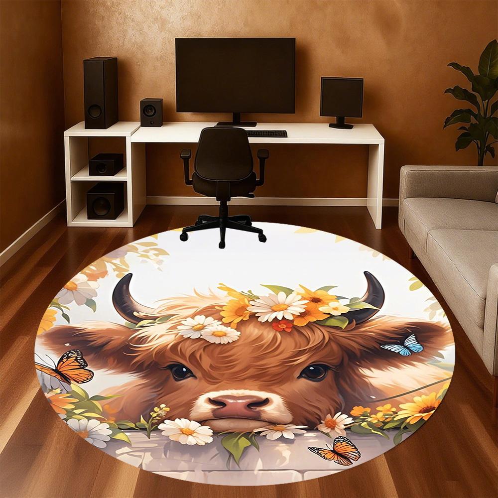 1PC Cow Flowers Cute Round Chair Mat Area Rug - Non-Slip, Floor Mat for Office, Bedroom, Home Decor Christmas Gift C0528047