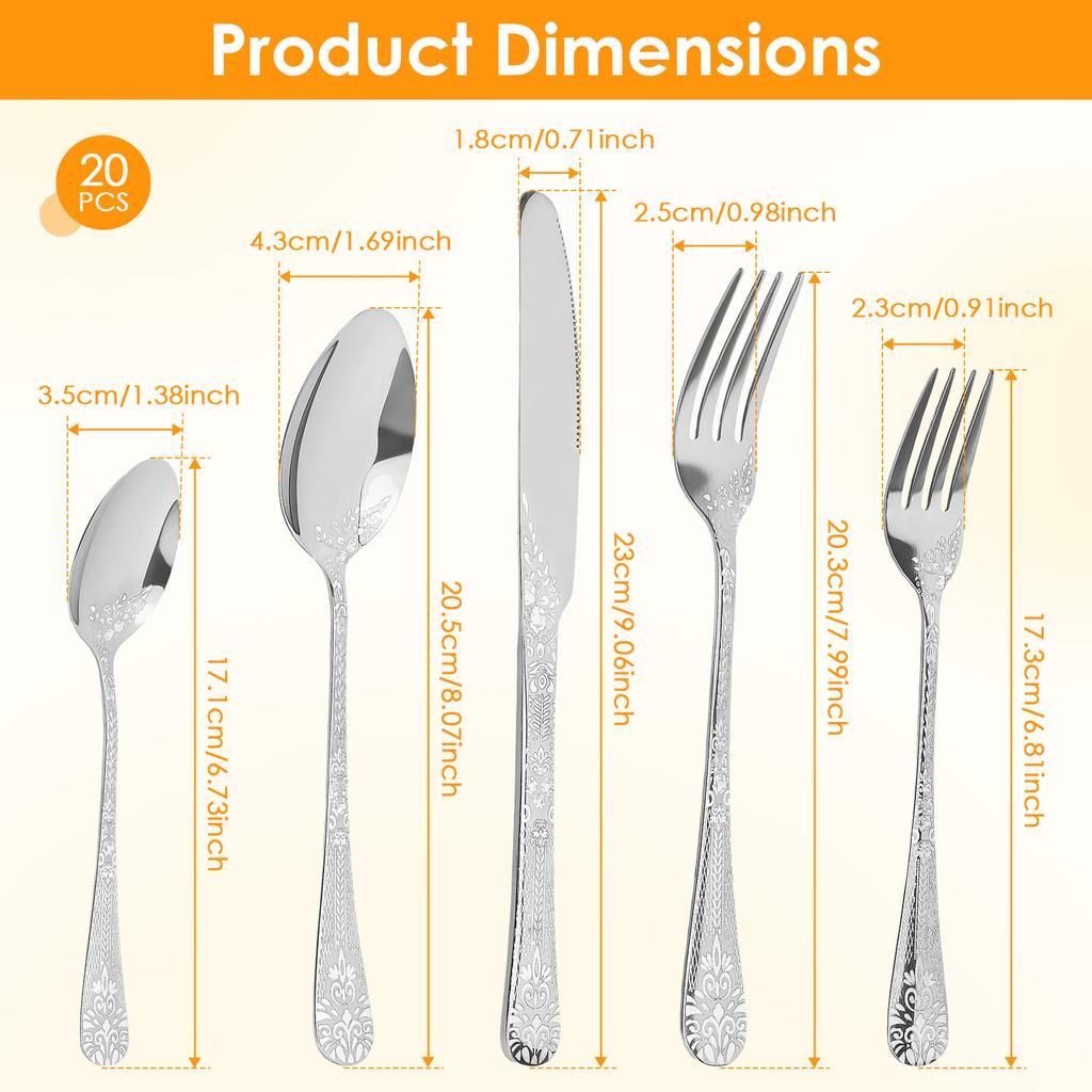 20 delig Bestekset Roestvrij Staal Diner Messen Lepels Vorken Set Bloemenpatroon Spiegelgepolijst Bestekset Vaatwasmachinebestendig