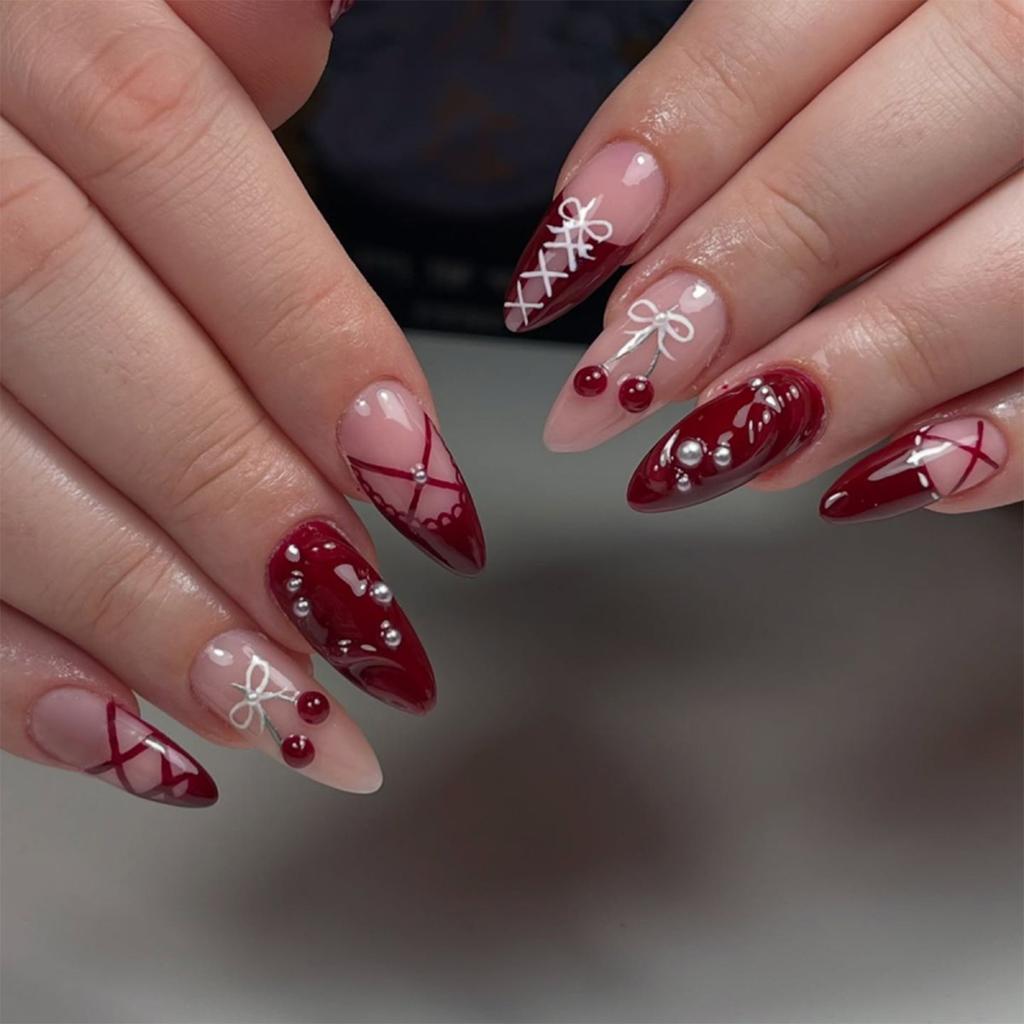 30PCS Almond Shape with Bow Fake Nails Simple White Floral Painted French Design Press On Nails Sweet Gentle Removable Manicure