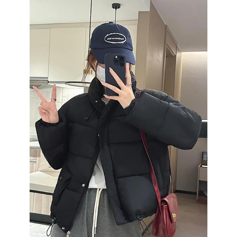 Fashion Black Down Cotton Solid Jacket Women's Short Korean Version Warm Cotton Jacket Bread Winter Coat Outerwear Parkas