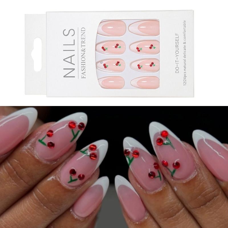 French Style Press On Nail 24 Pcs Glossy Finish Stick on Nail with Fruit Designs Suitable for Work and Social Event